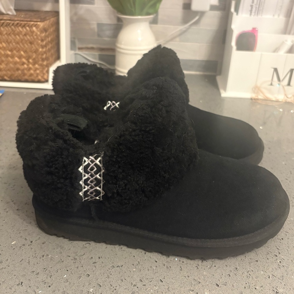 UGG Black Ankle Boots with Fur Trim